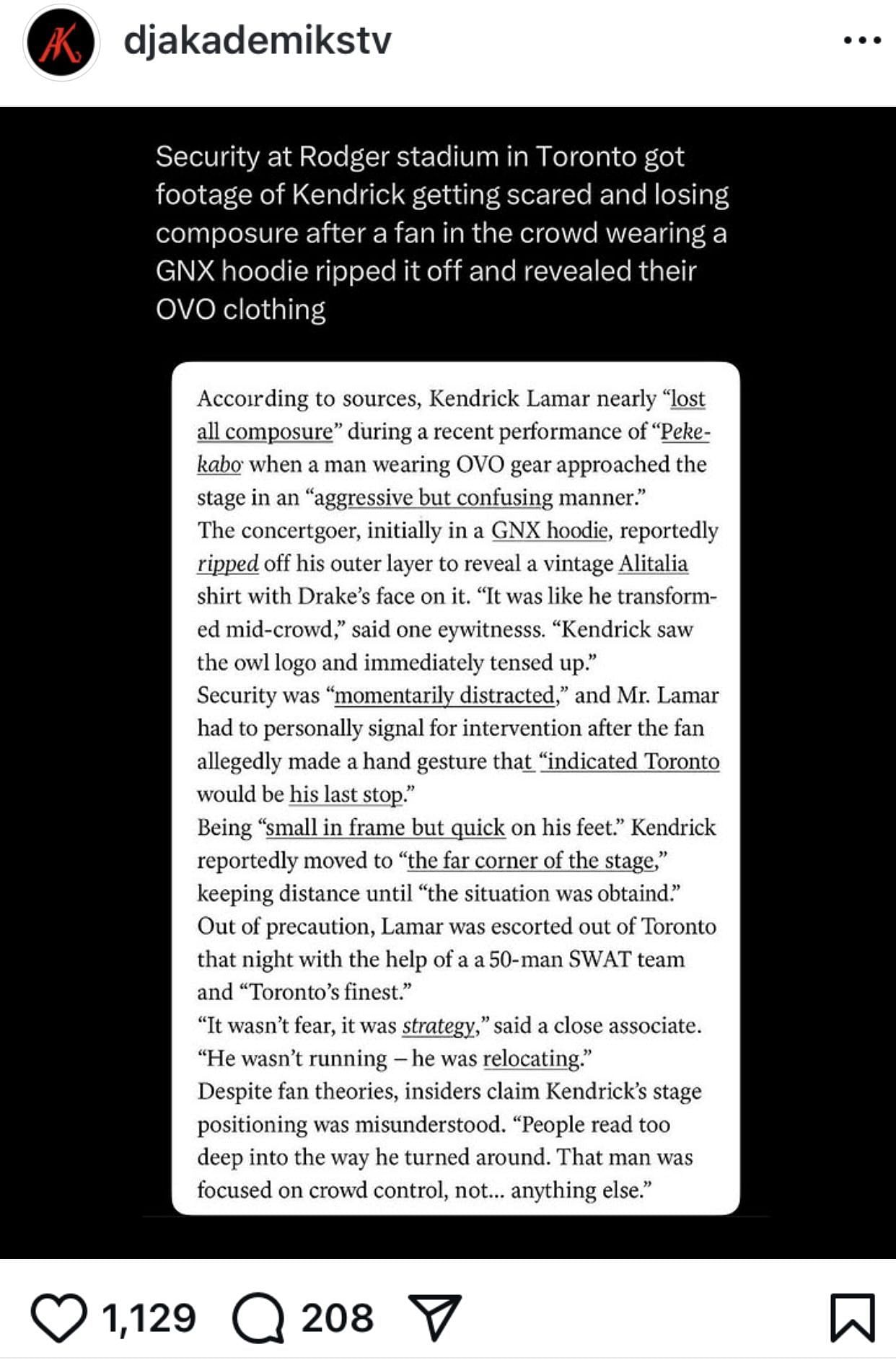 DJ Akademiks' post about the alleged encounter (Image via @djakademikstv/Instagram)